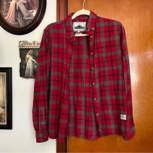 soft red madewell x penfield boyfriend fit flannel shirt